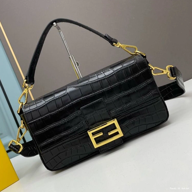 Cheap HOT Fendi Leather Medium Bag Black Crocodile In Baguette 0717